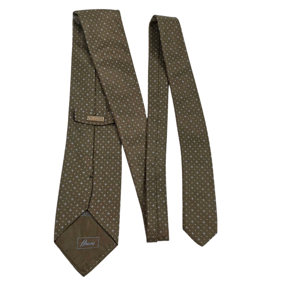 Brioni Mens Necktie Green‎ Micro Dot Silk Floral Designer Embroidered Medallion